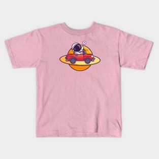 Cute Astronaut Driving Car On Saturn Planet Cartoon Kids T-Shirt